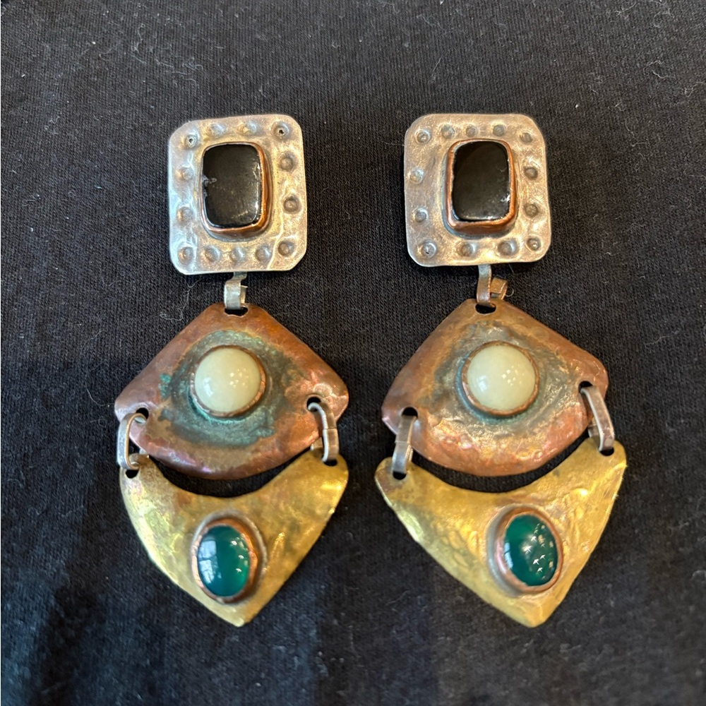 Cindy Bolin hand wrought Sterling & Mixed Metal Dangle Earrings